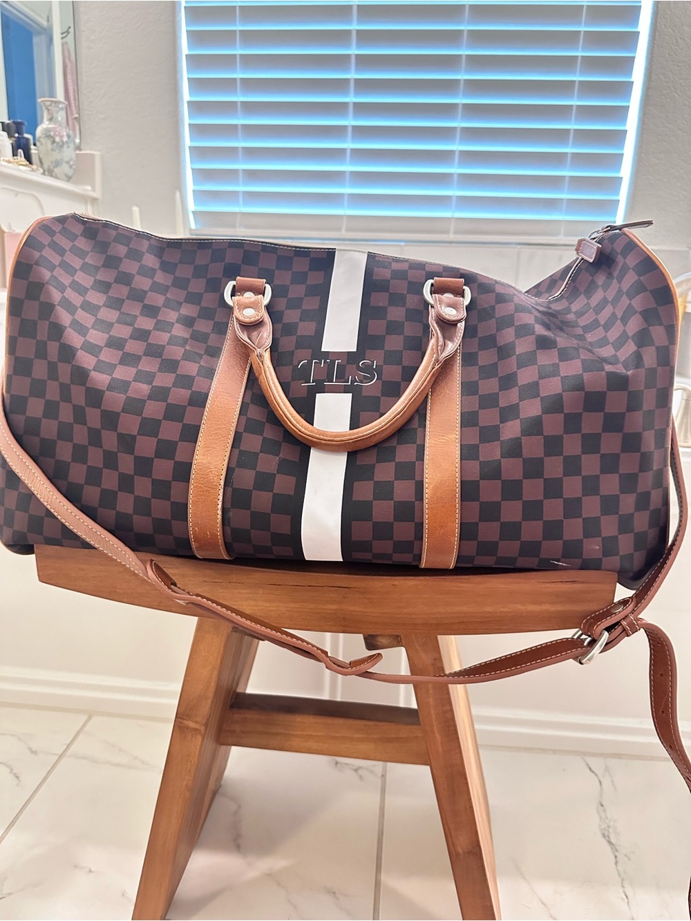 Brown Checkered Duffel Bag with White Stripe and Tan Trim